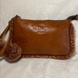 Patricia Nash Vinovo Leather & Sherpa Pom Wristlet Purse Pouch Clutch